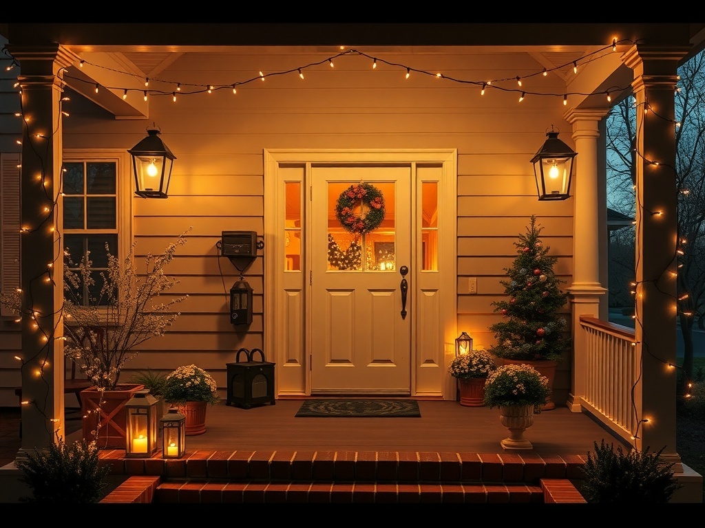 A front porch decorated for Christmas with illuminated lanterns, a wreath on the door, and a small Christmas tree.