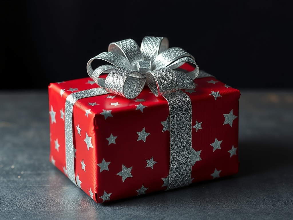 A beautifully wrapped gift box in red paper with silver stars and a silver ribbon.