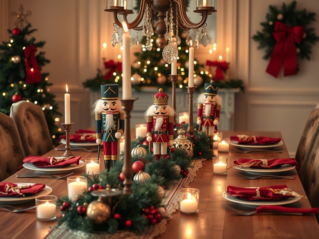 A dining table decorated with nutcracker figurines, candles, and festive greenery for Christmas.