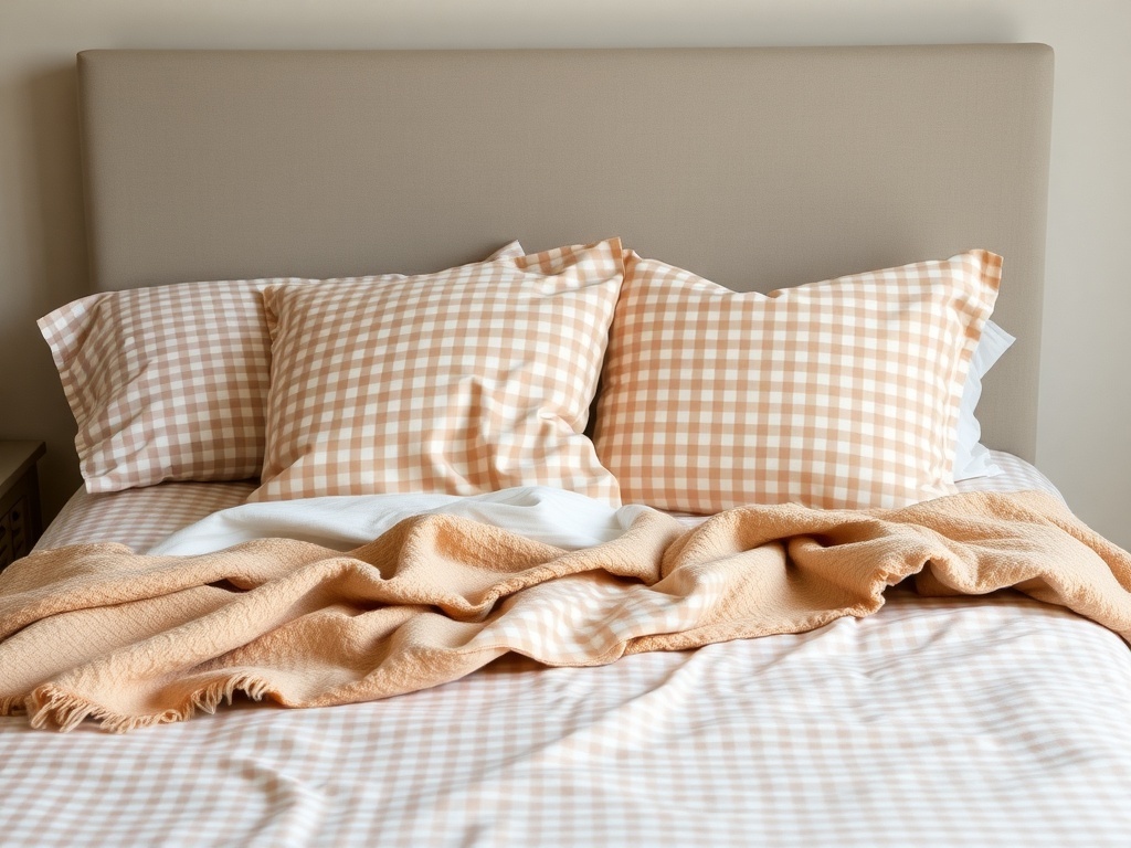 Cozy bedroom with gingham bedding in warm tones