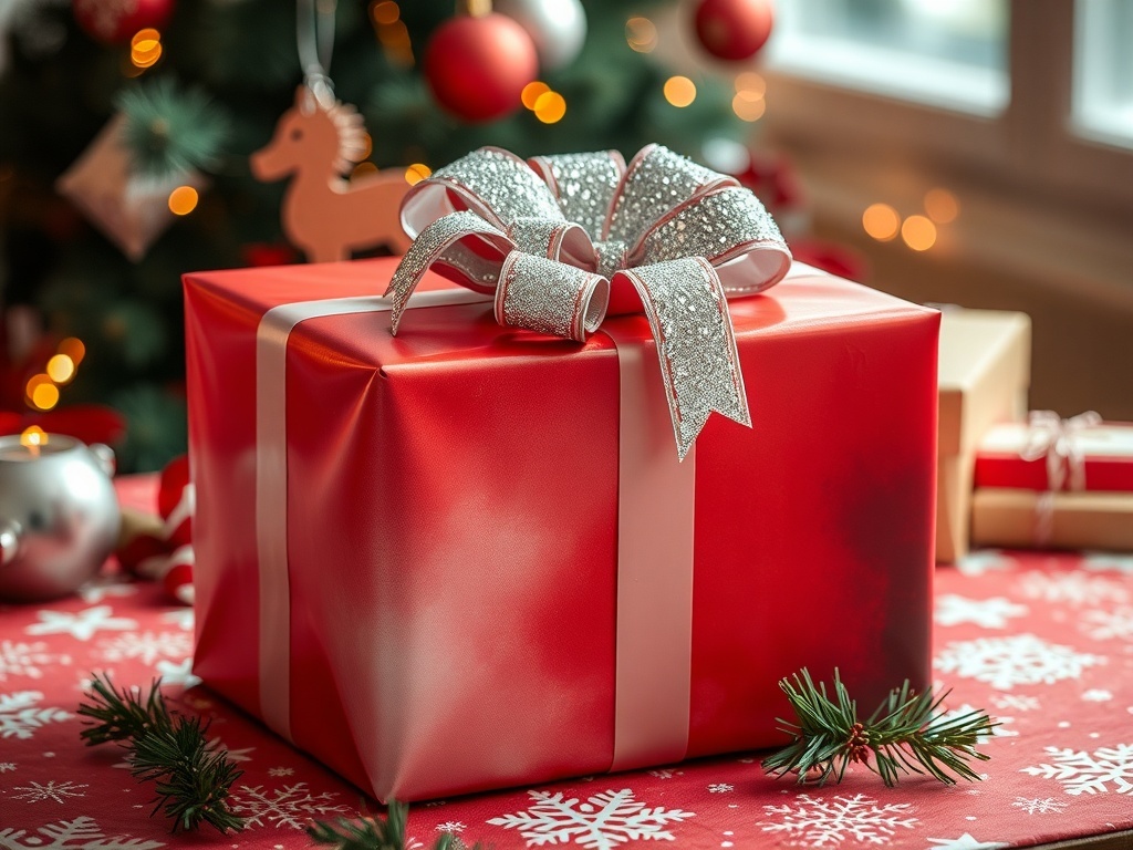 A beautifully wrapped Christmas present in red and silver ombre with a silver bow.