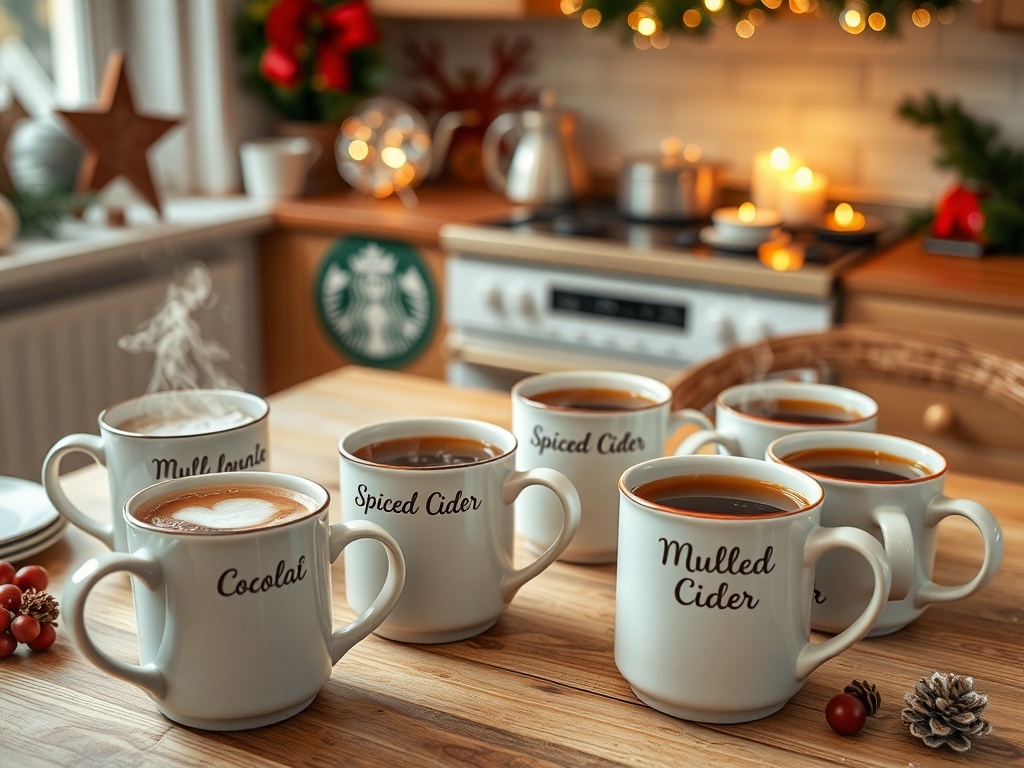 A cozy kitchen scene with various warm beverages in labeled mugs, including hot chocolate and spiced cider.