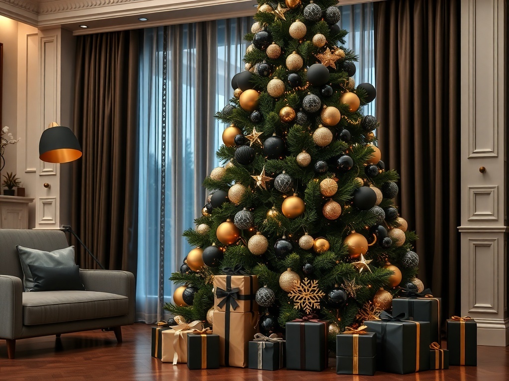 Black and gold Christmas ornaments hanging on a dark green tree