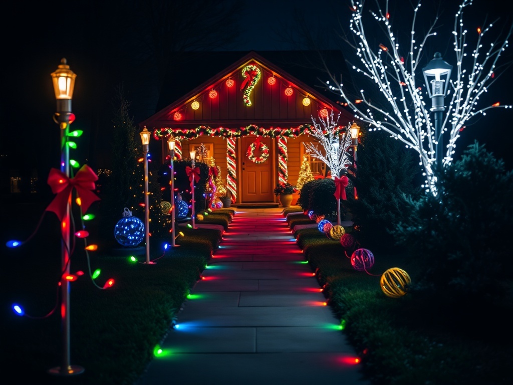 A beautifully decorated pathway with colorful Christmas lights leading to a cozy home.