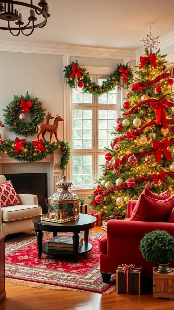 A cozy living room decorated for Christmas with a red and green color scheme, featuring a Christmas tree, wreaths, and festive decor.