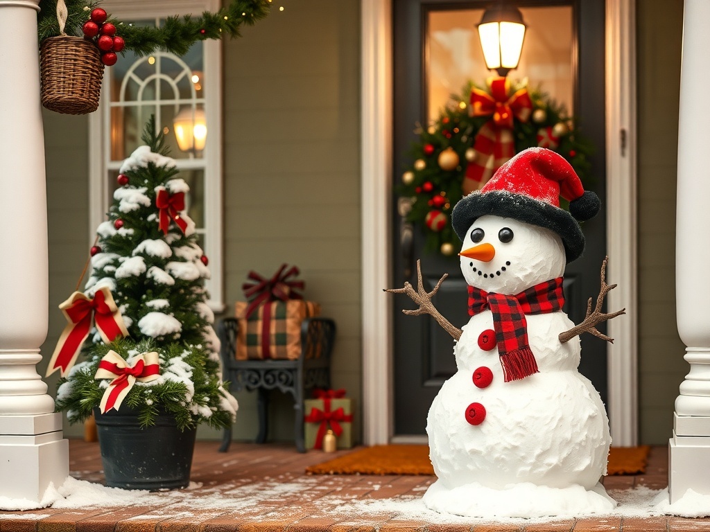 A cheerful snowman wearing a red hat and scarf stands on a front porch decorated for Christmas, with a tree and gifts nearby.