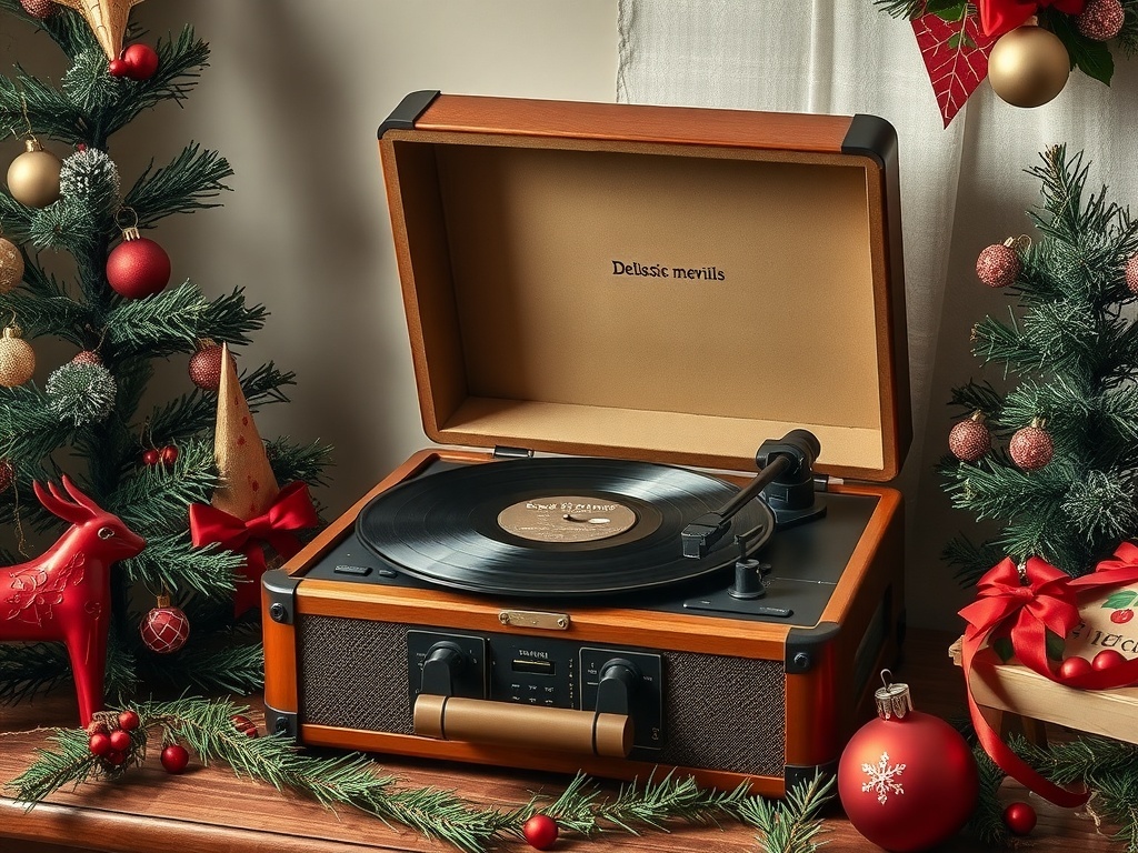 A vintage record player with a vinyl record, surrounded by Christmas decorations and a tree.