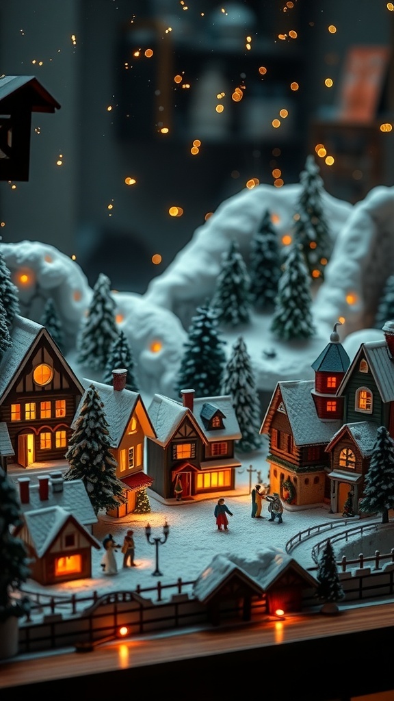 A charming Christmas village display with snowy houses, trees, and festive lights.