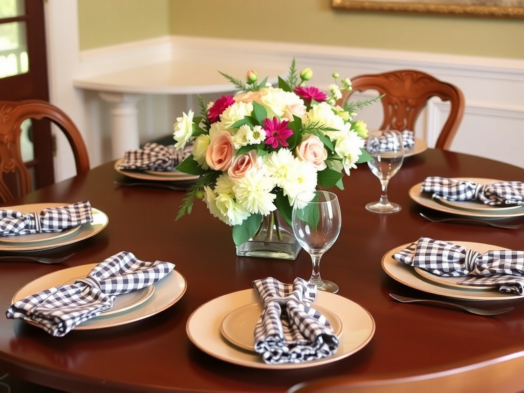 A beautifully set table with a gray gingham tablecloth, white plates, and floral centerpiece.