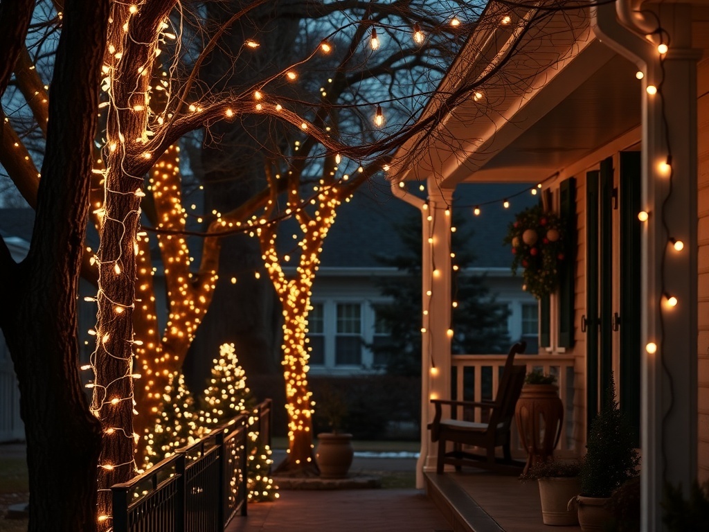 Outdoor scene with twinkling string lights wrapped around trees and porch, creating a festive atmosphere.