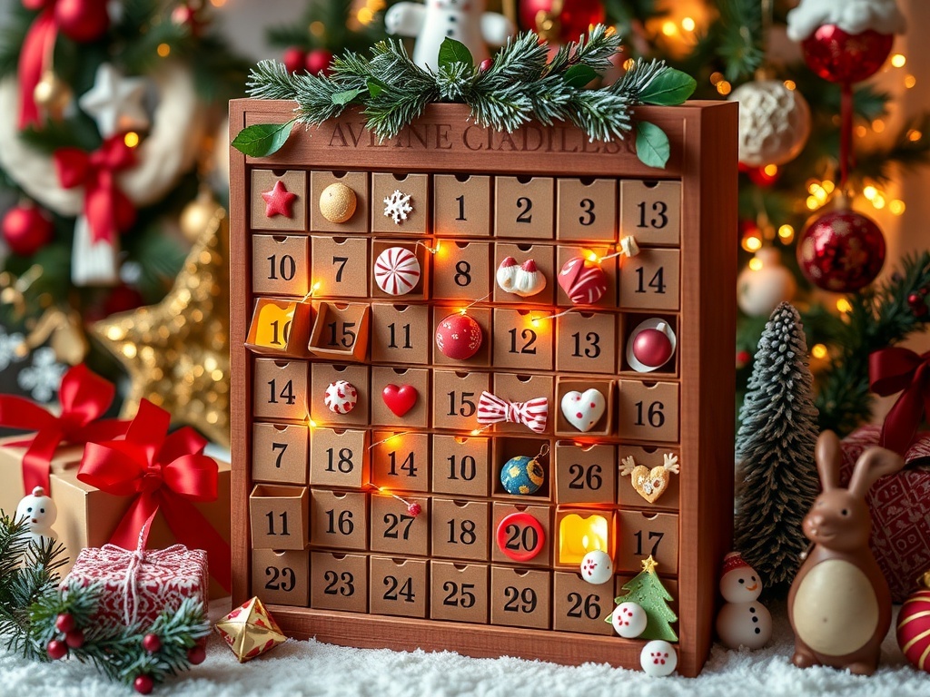 A beautifully decorated Advent calendar with numbered drawers, filled with treats and surrounded by festive decorations.