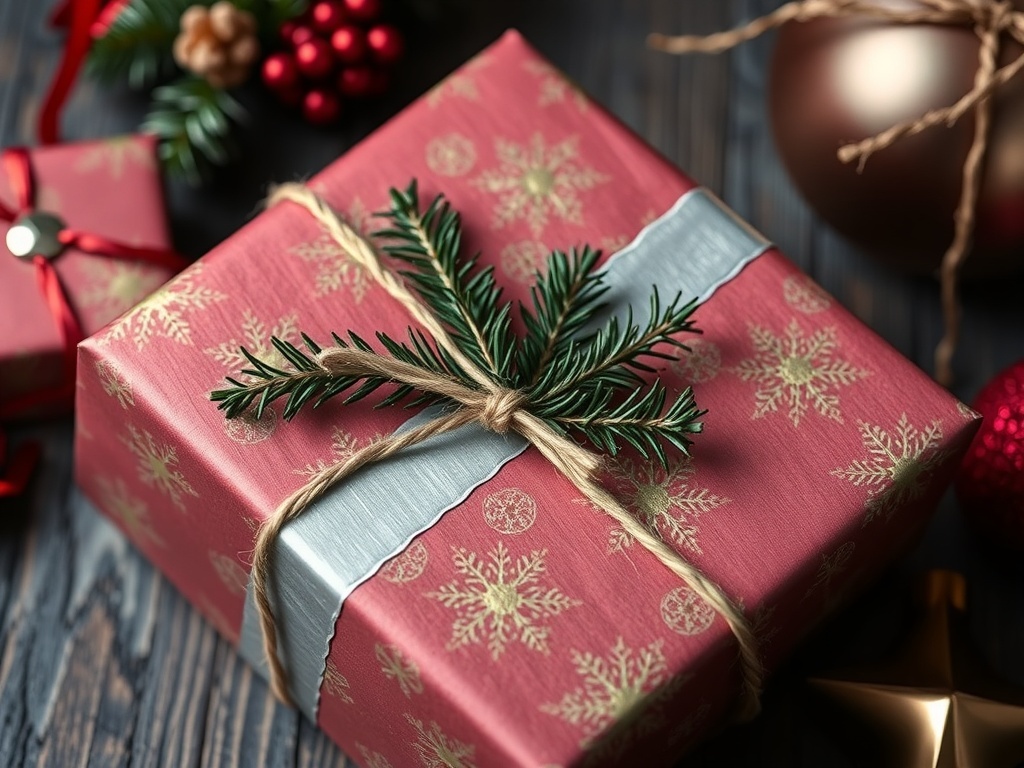 A beautifully wrapped Christmas present in red paper with silver snowflakes, tied with rustic twine and adorned with a sprig of greenery.