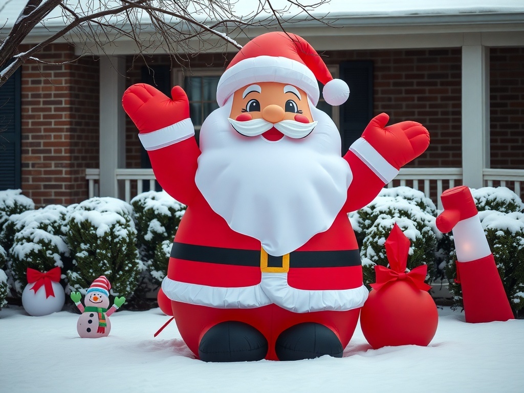 A large inflatable Santa Claus in a snowy yard, surrounded by festive decorations.