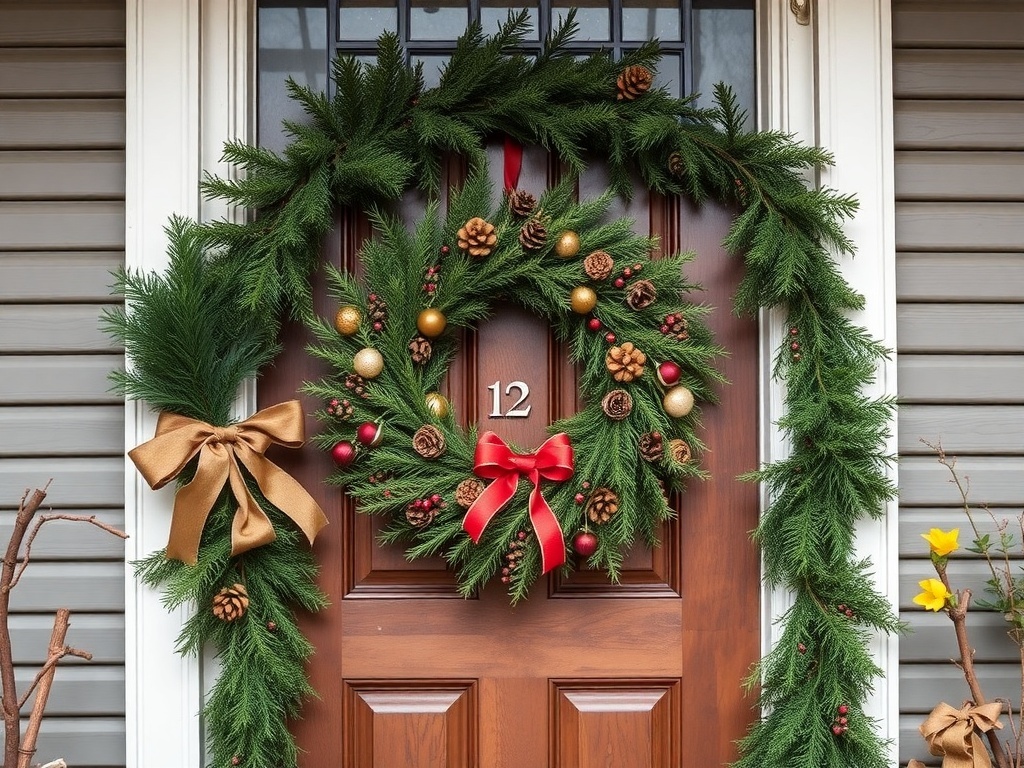 A vintage Christmas wreath and garland on a wooden door, featuring pinecones, ornaments, and a red bow.