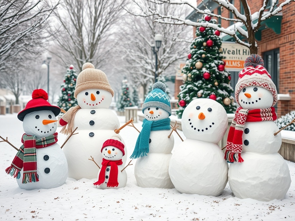 A cheerful family of snowmen with colorful hats and scarves in a snowy setting, alongside a decorated Christmas tree.