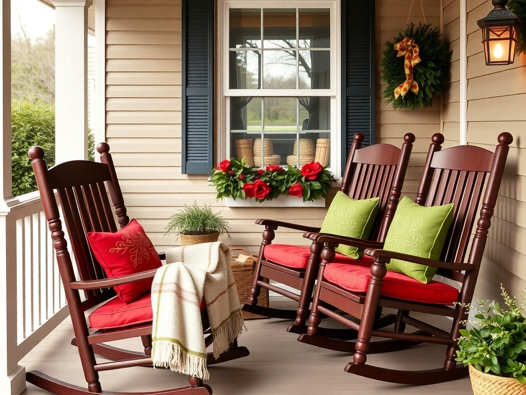 A cozy front porch decorated for Christmas with red and green accents, featuring rocking chairs, a wreath, and potted plants.
