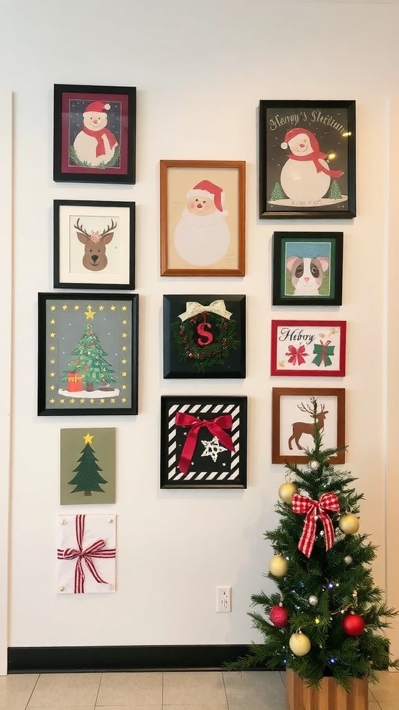 A wall decorated with holiday-themed art, including festive prints, wreaths, and Christmas decorations.