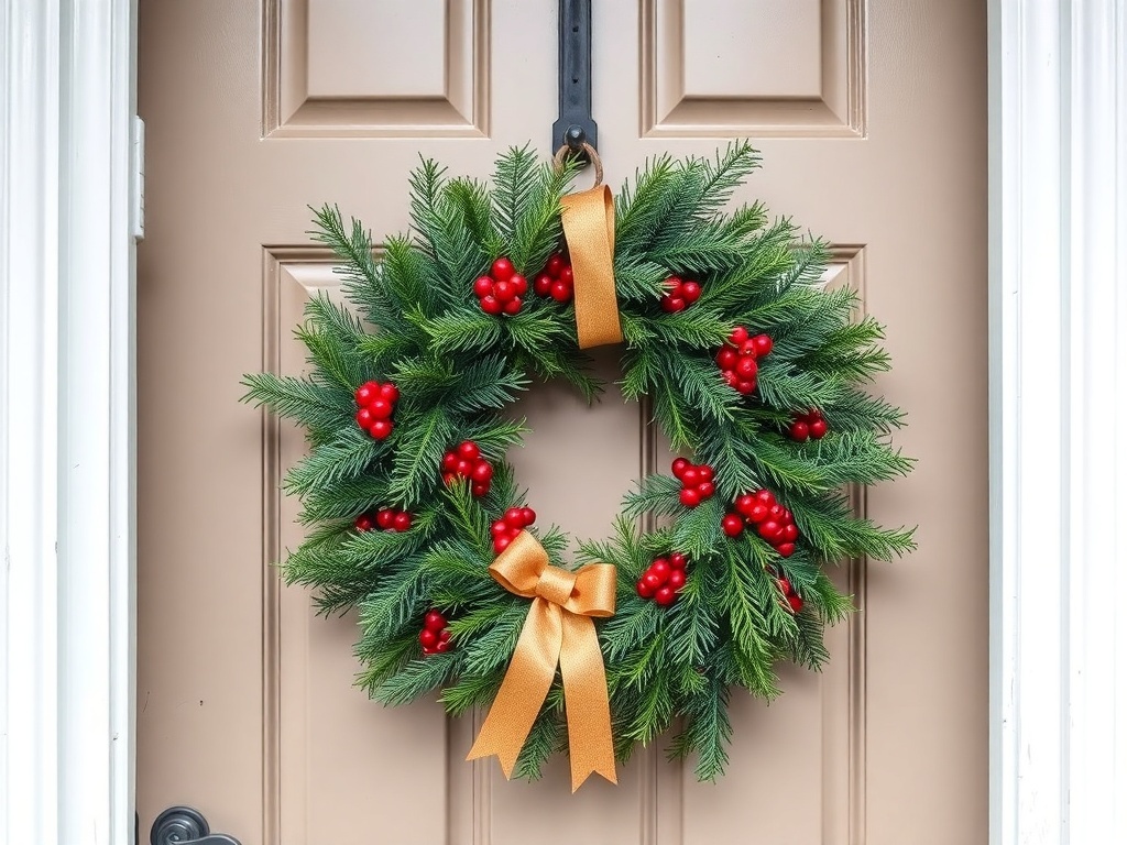 A festive Christmas wreath with green foliage, red berries, and a golden ribbon hanging on a front door.