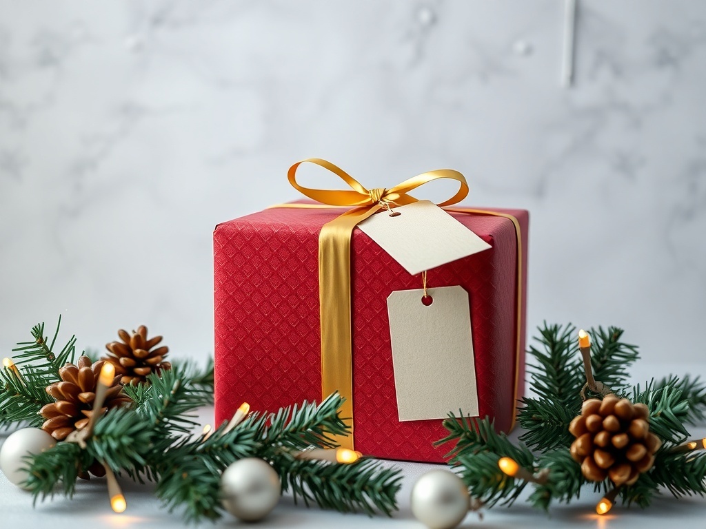 A beautifully wrapped Christmas present in red and gold geometric pattern with a gold ribbon, surrounded by pine branches and ornaments.