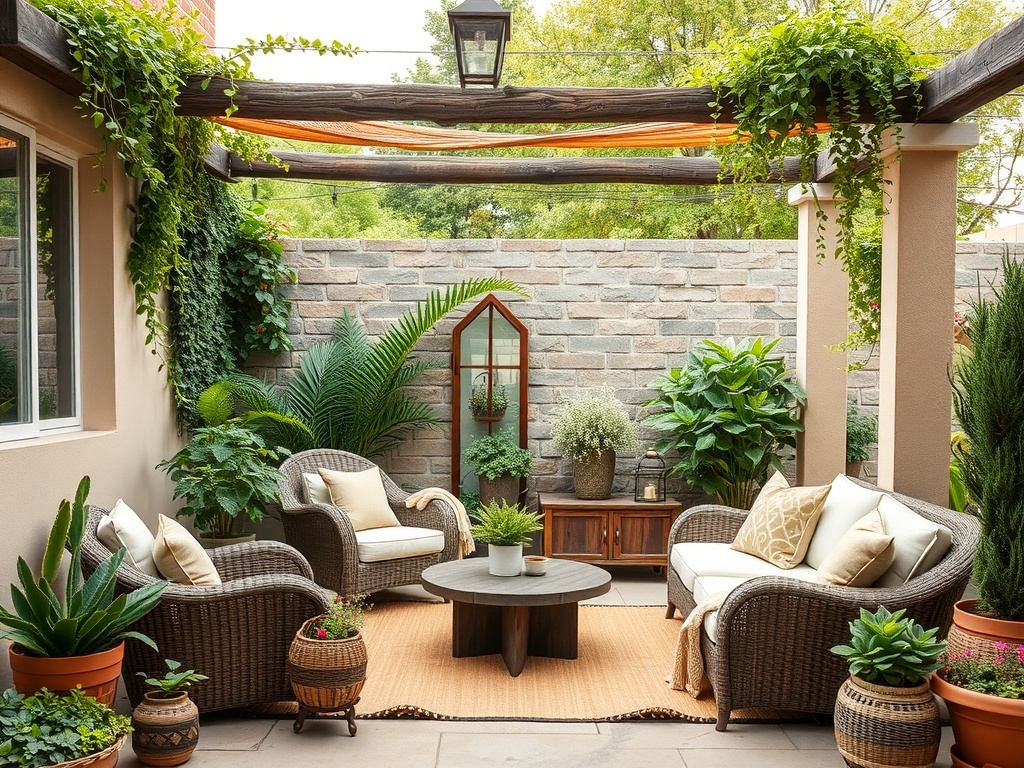 Cozy outdoor patio with wicker furniture, plants, and a natural setting.