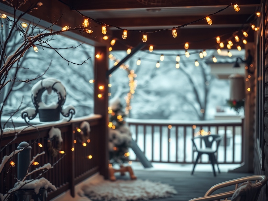 A cozy porch decorated with twinkling string lights and snow-covered surroundings.