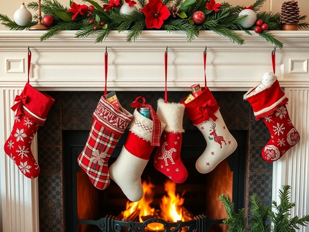 A cozy fireplace adorned with vintage Christmas stockings in red and white, filled with gifts and decorated with festive designs.
