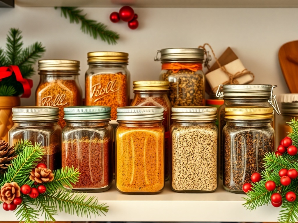 Jars of various spice blends labeled for holiday cooking