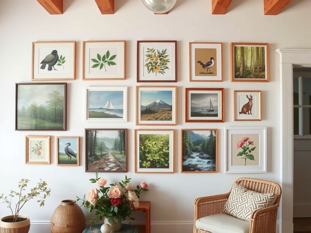 A wall adorned with nature-inspired artwork, featuring birds, flowers, and landscapes in wooden frames.