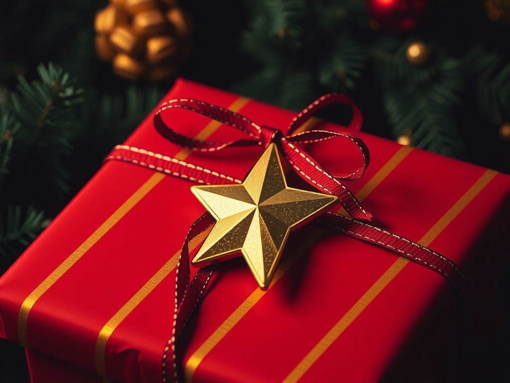 A beautifully wrapped Christmas present in red and gold stripes with a star ornament.
