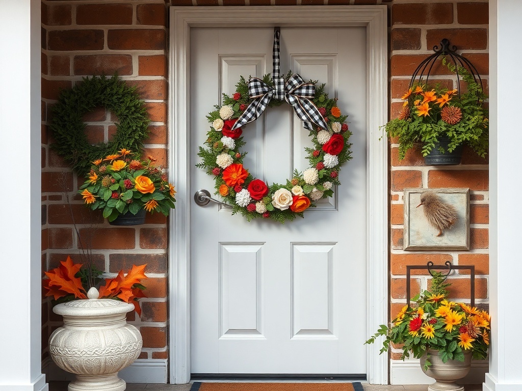 A front door decorated with a gingham wreath and seasonal flowers.