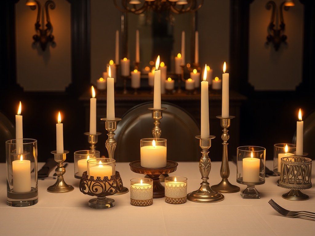 A beautifully arranged Christmas dinner table with various candles providing soft lighting.