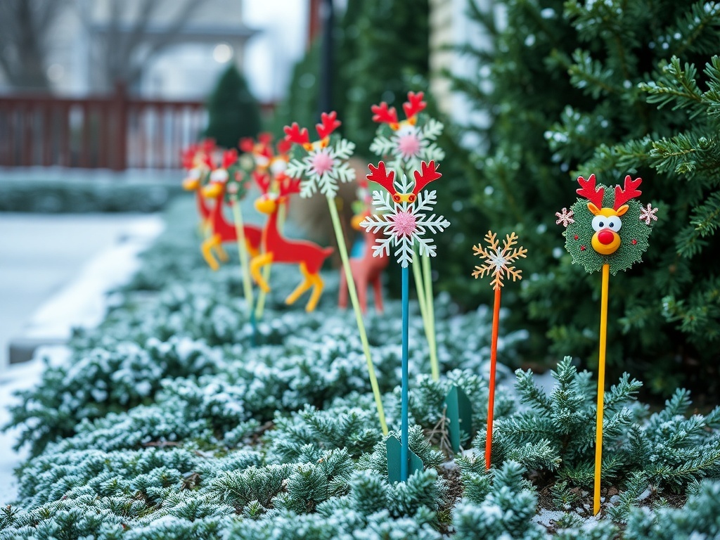 Colorful holiday-themed garden stakes featuring reindeer, snowflakes, and wreaths in a snowy garden