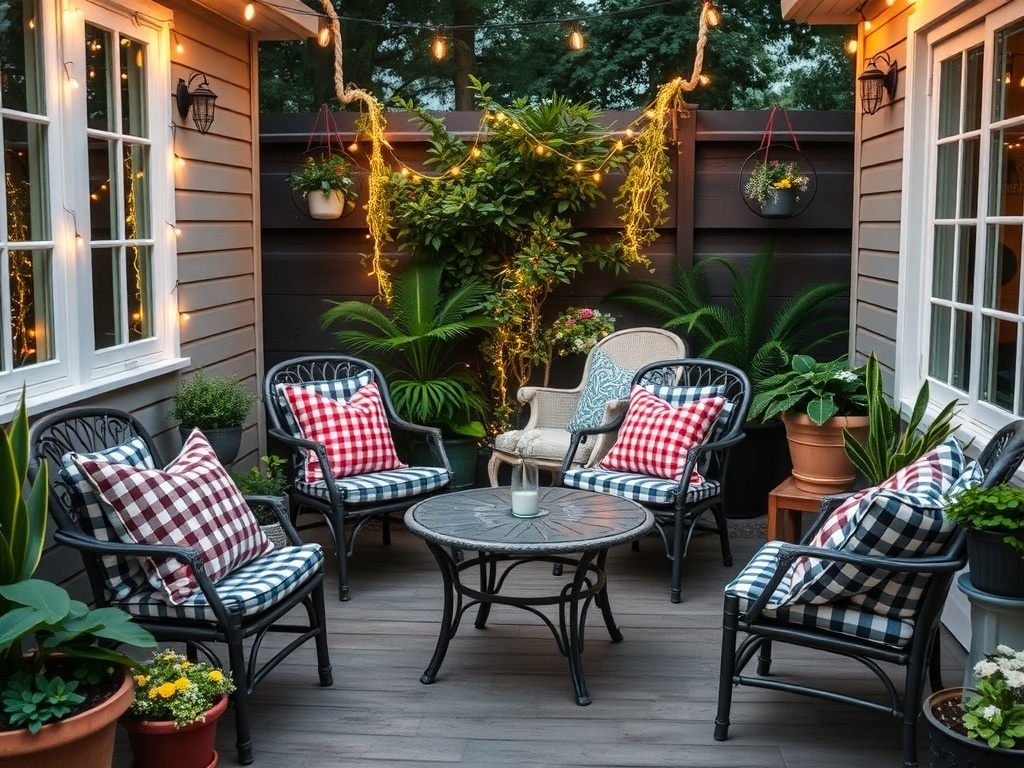 A cozy patio with gingham-patterned cushions, plants, and warm lighting.