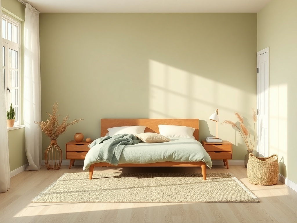 A cozy bedroom featuring earthy tones with green walls, wooden furniture, and natural decor.