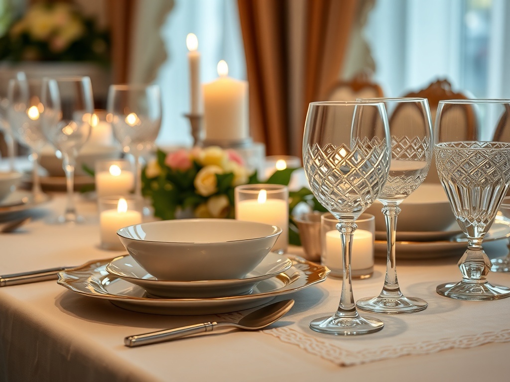 A beautifully set Christmas dinner table featuring fine china and elegant glassware, with candles and flowers.