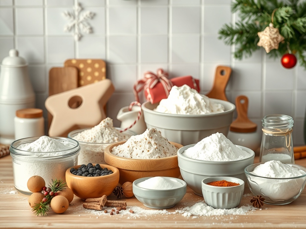 A festive kitchen setup with various baking ingredients including flour, sugar, and spices, ready for holiday baking.