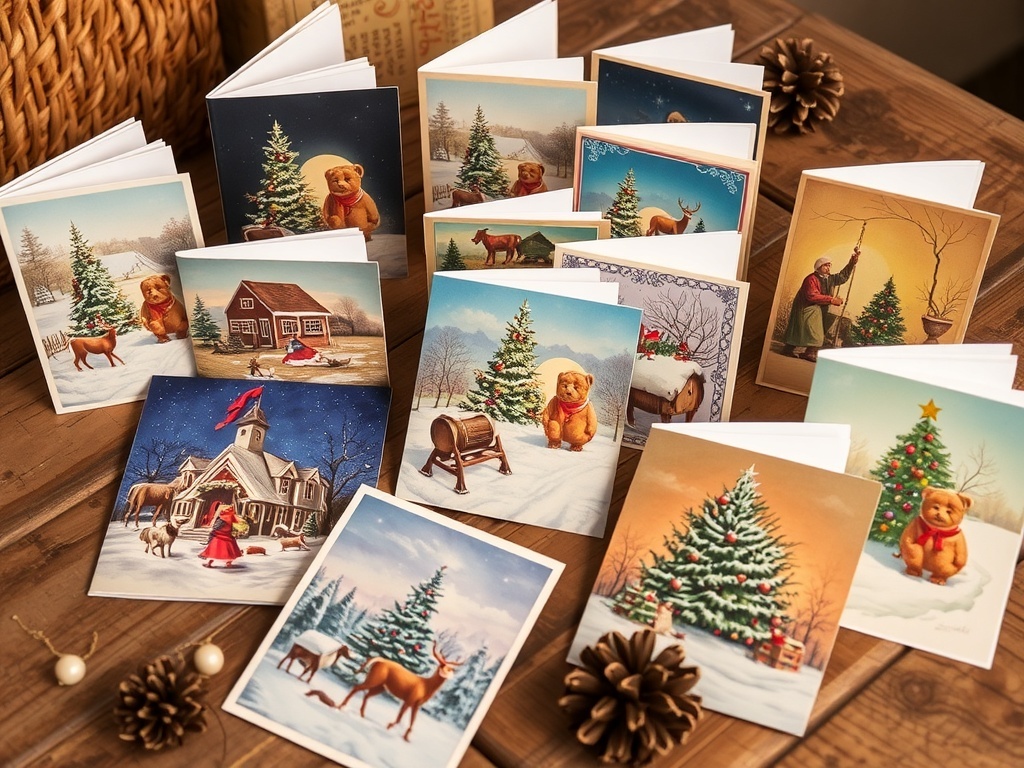 A collection of vintage Christmas cards displayed with a small doll and an evergreen tree.