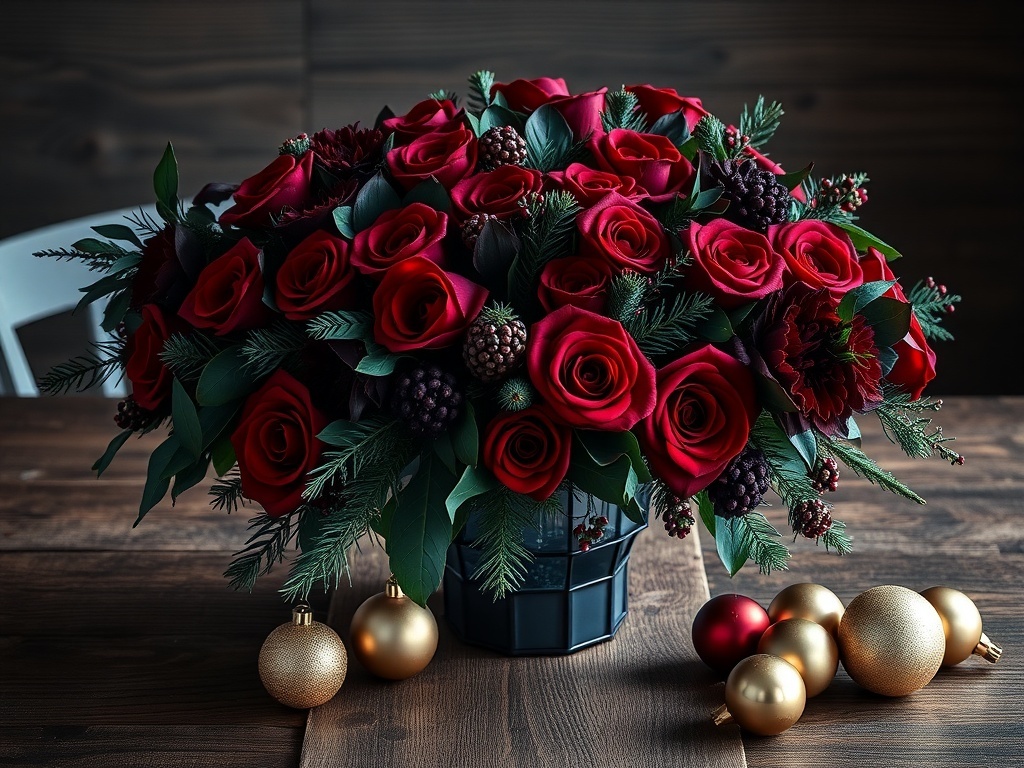 A beautiful arrangement of dark red roses and greenery on a rustic wooden table.
