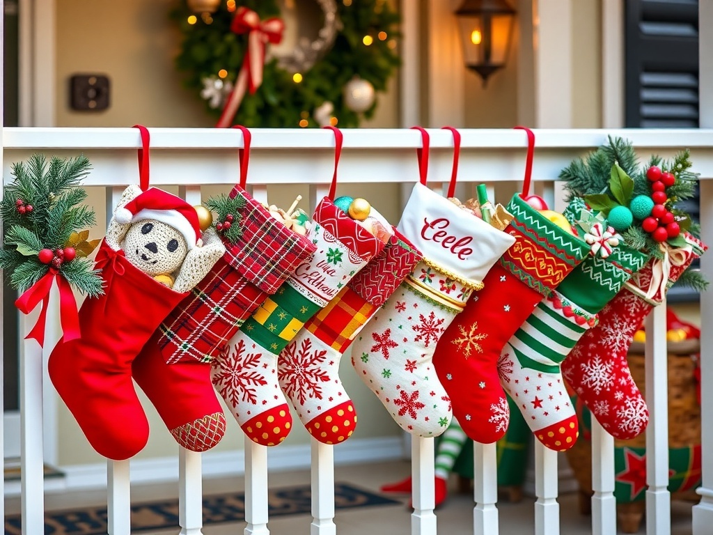 Colorful Christmas stockings hanging on a porch railing, decorated with various festive designs.