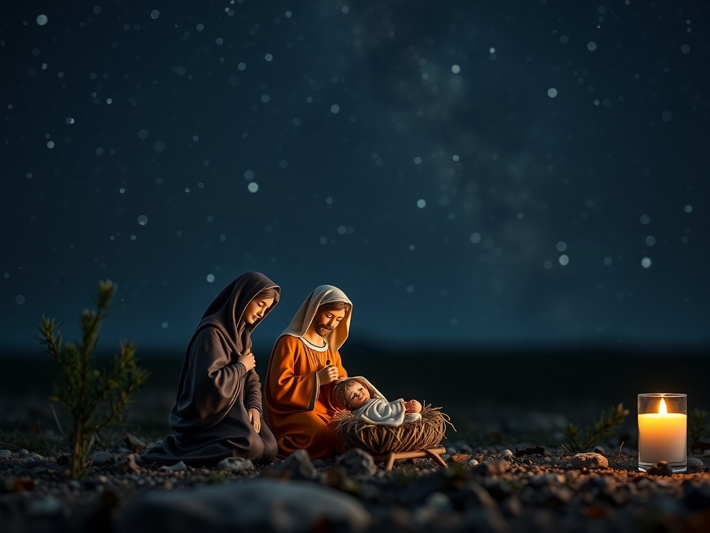 Nativity scene with Mary, Joseph, and baby Jesus under a starry night sky with a candle