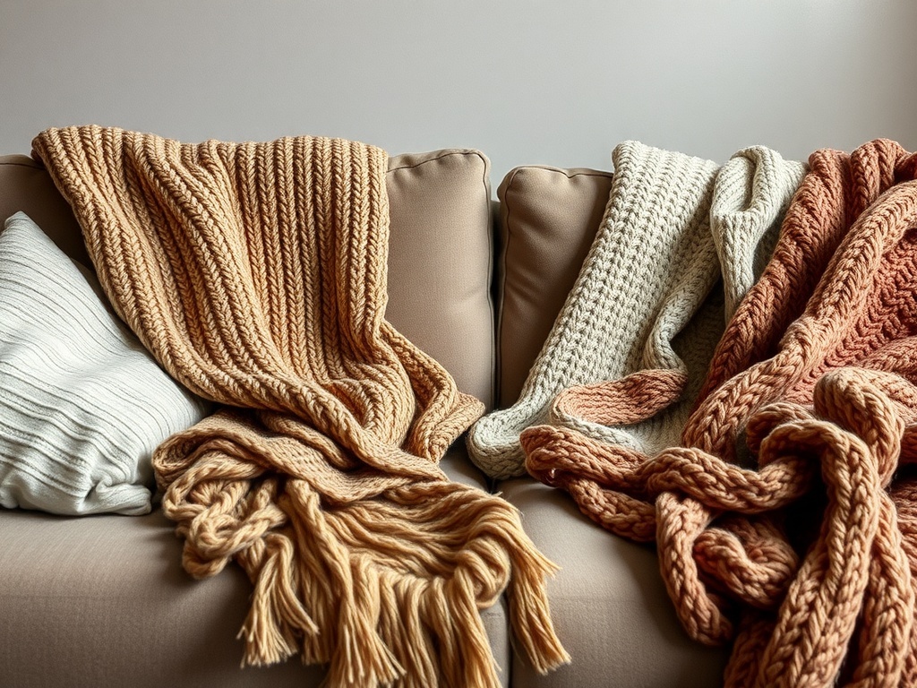 A cozy couch adorned with various textured throws in warm colors.