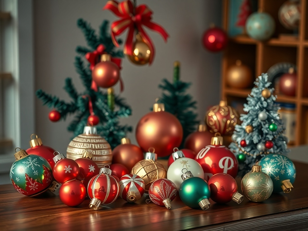 A collection of vintage Christmas ornaments from the 1950s, featuring various colors and designs.