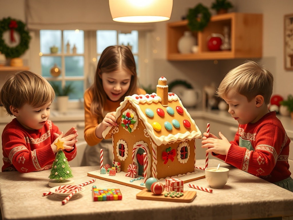 Children decorating a gingerbread house in a festive kitchen