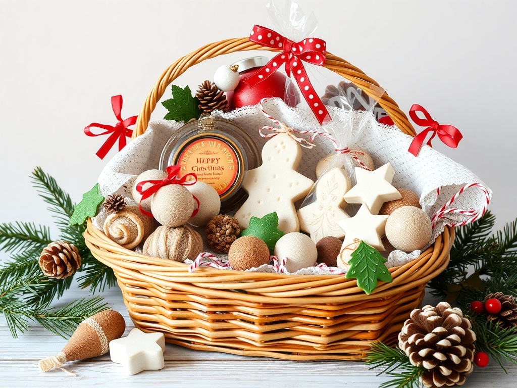 A festive holiday gift basket filled with cookies, ornaments, and pinecones, decorated with ribbons and greenery.