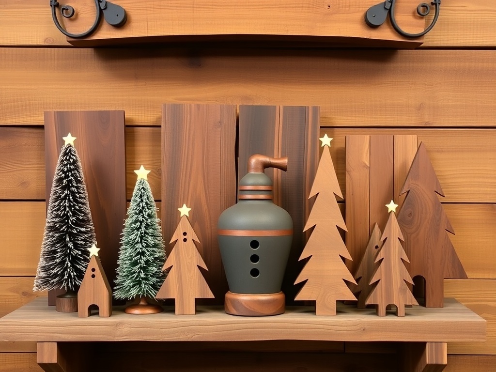 Artisan crafted dark wood decor pieces for Christmas, featuring wooden trees, figures, and natural elements on a shelf.