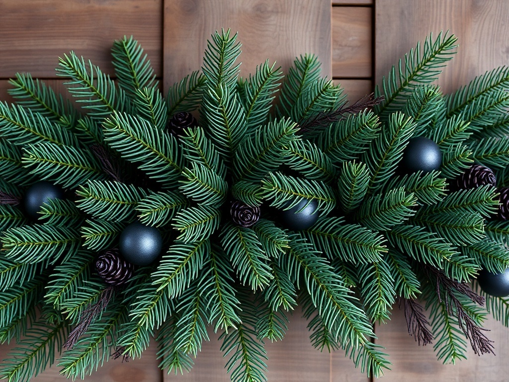 A decorative arrangement of green pine branches with pinecones and black ornaments on a wooden surface.