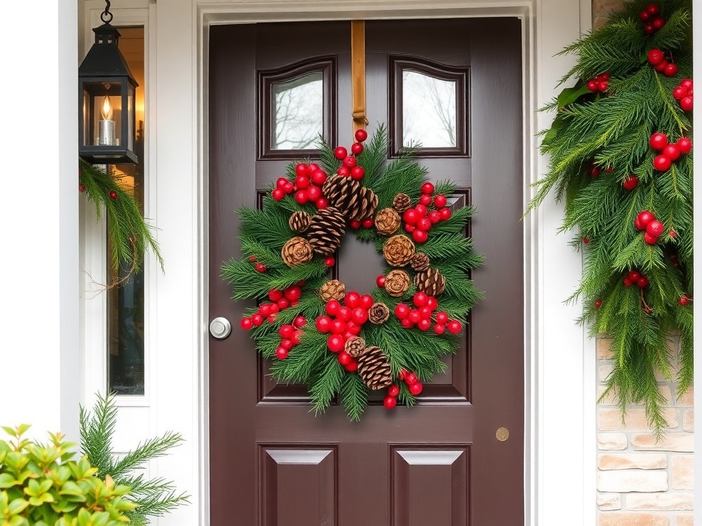 A front door decorated with pinecones and red berries, showcasing a festive holiday look.