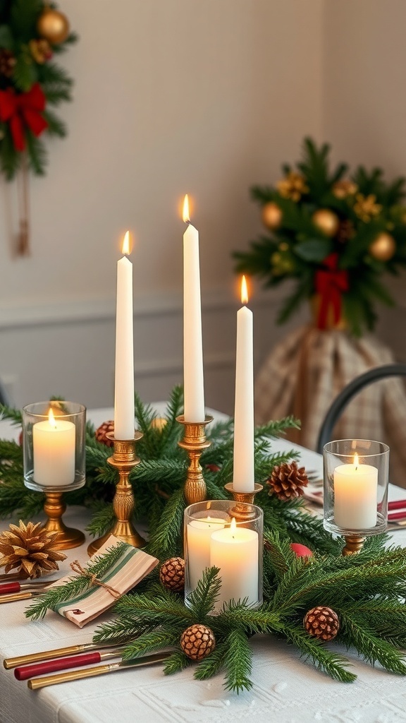 A festive table setting with white candles, pine branches, and pinecones for Christmas decor.
