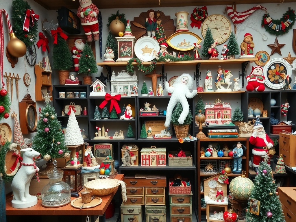 A collection of vintage Christmas decorations including Santa figurines, Christmas trees, and ornaments.