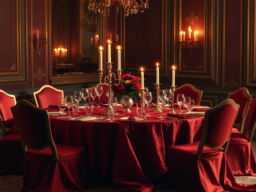 Luxurious Christmas dinner table setting with red linens, elegant glassware, and candlelight.